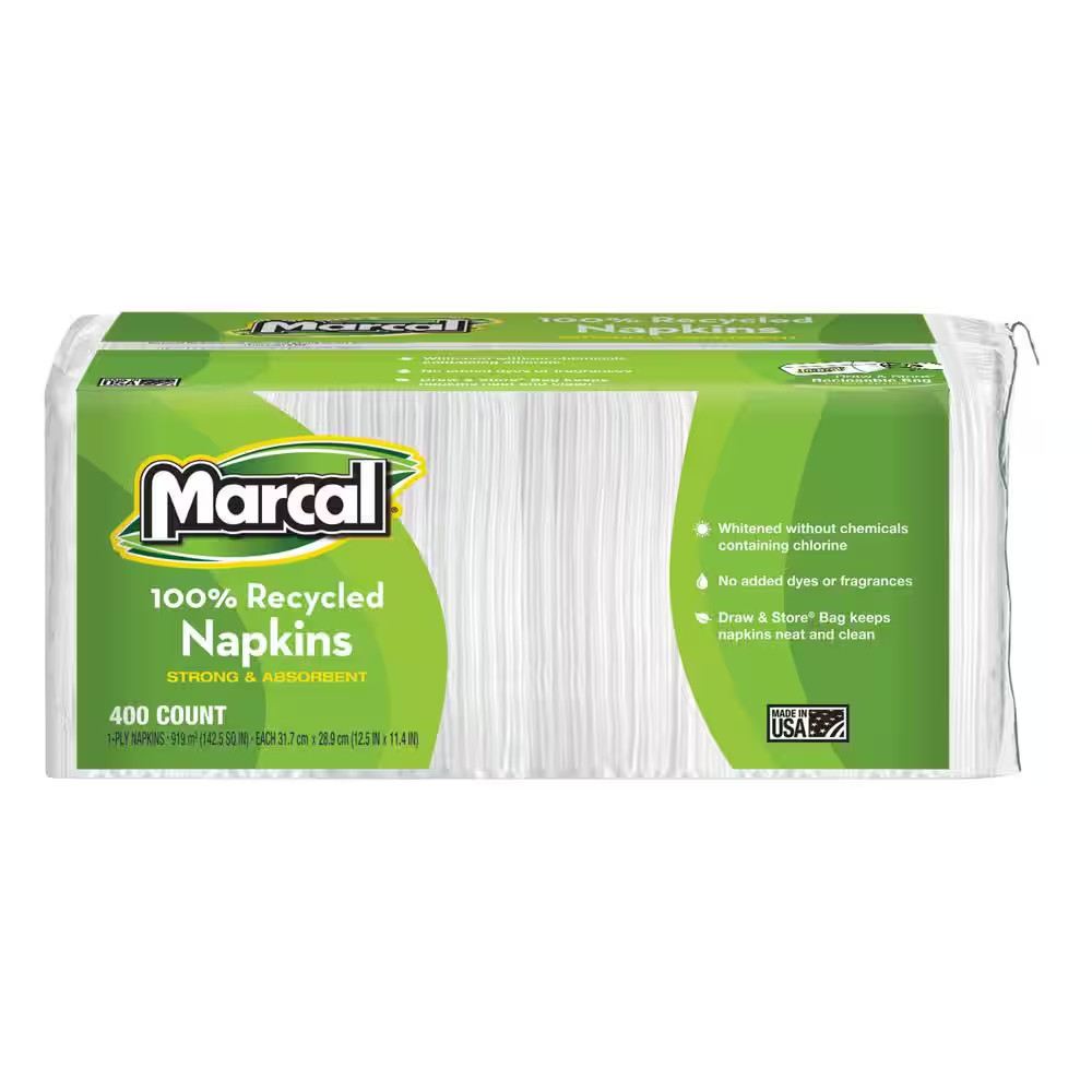 11.4 In. X 12.5 In. 100% Recycled White Luncheon Napkins, (400 per Pack, 6 Packs