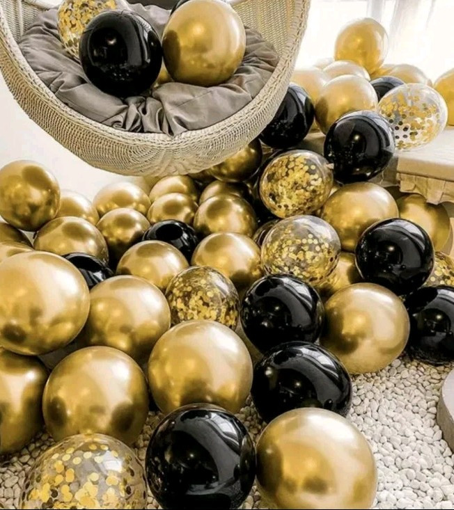 16pcs Black & Golden Confetti Latex Balloon with Ribbon for all Occasion Party