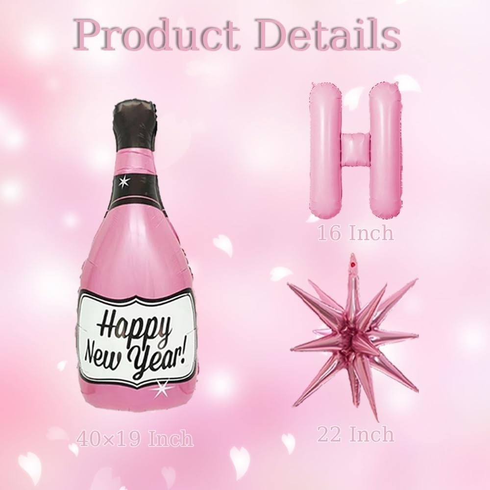 16 Pcs Pink New Year Champagne Bottle Balloons Happy New Year Banner Star NYE