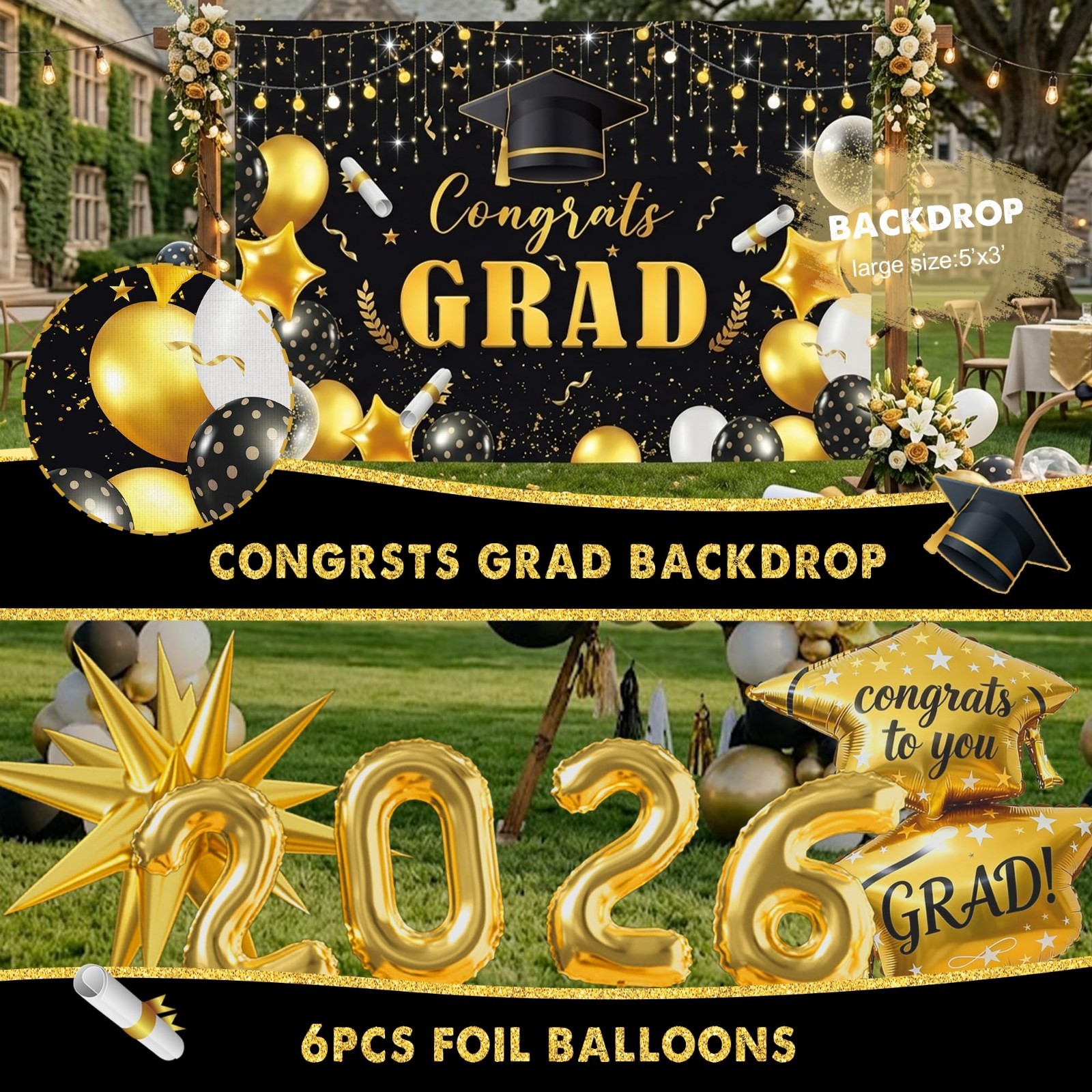 2026 Graduation Party Decorations Kit – Black Gold Congrats Grad Supplies Set, B