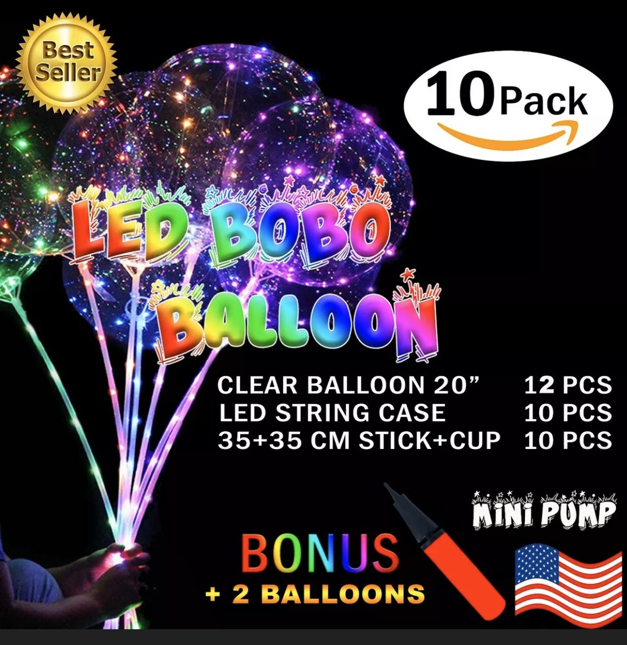 10 PCS LED Light Up BOBO Balloons 20 Inch(WITH THE STICK)10 Pack Clear + PUMP