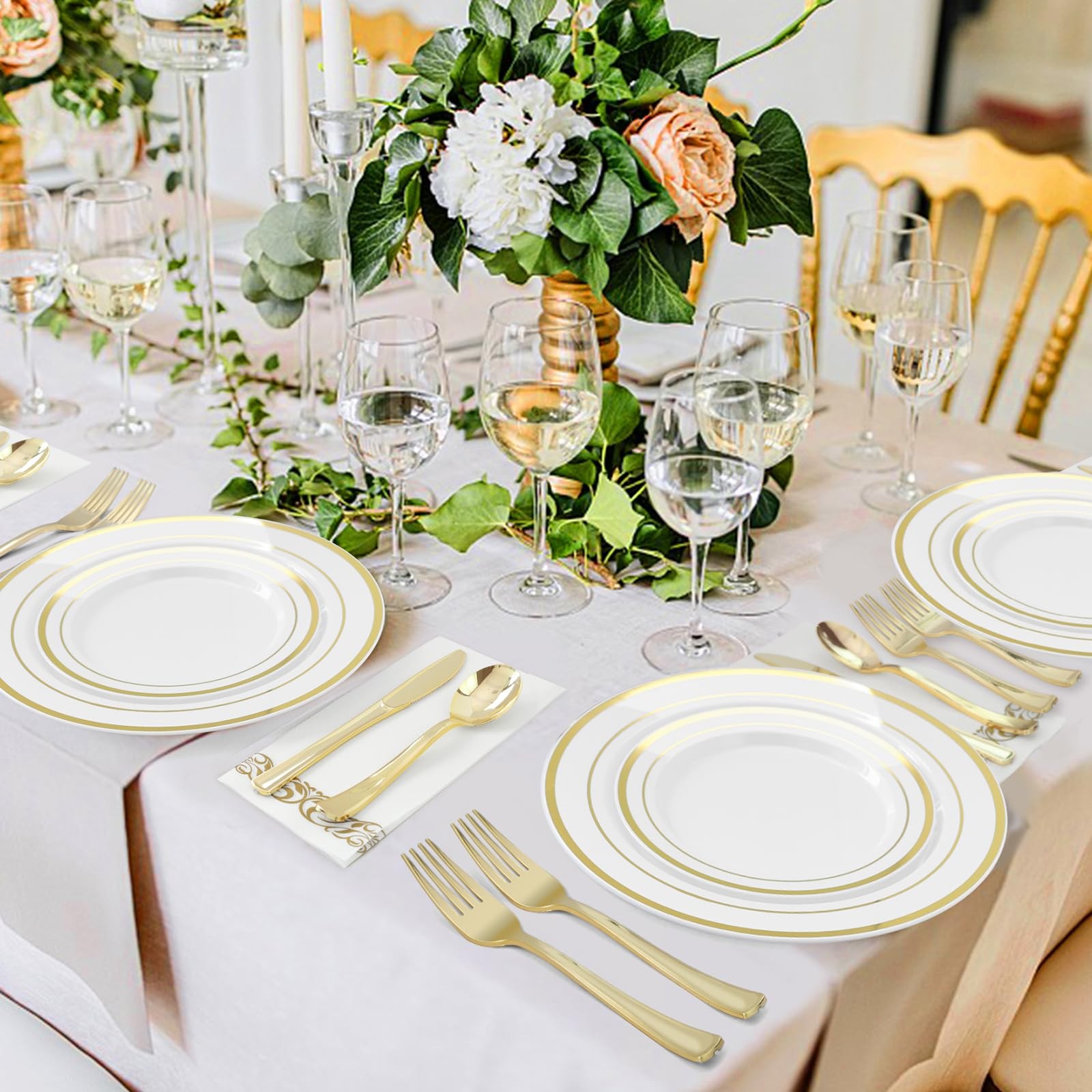 100PCS Gold Plastic Plate, 7 Inch Disposable Dessert Plate Party with Gold Ri…