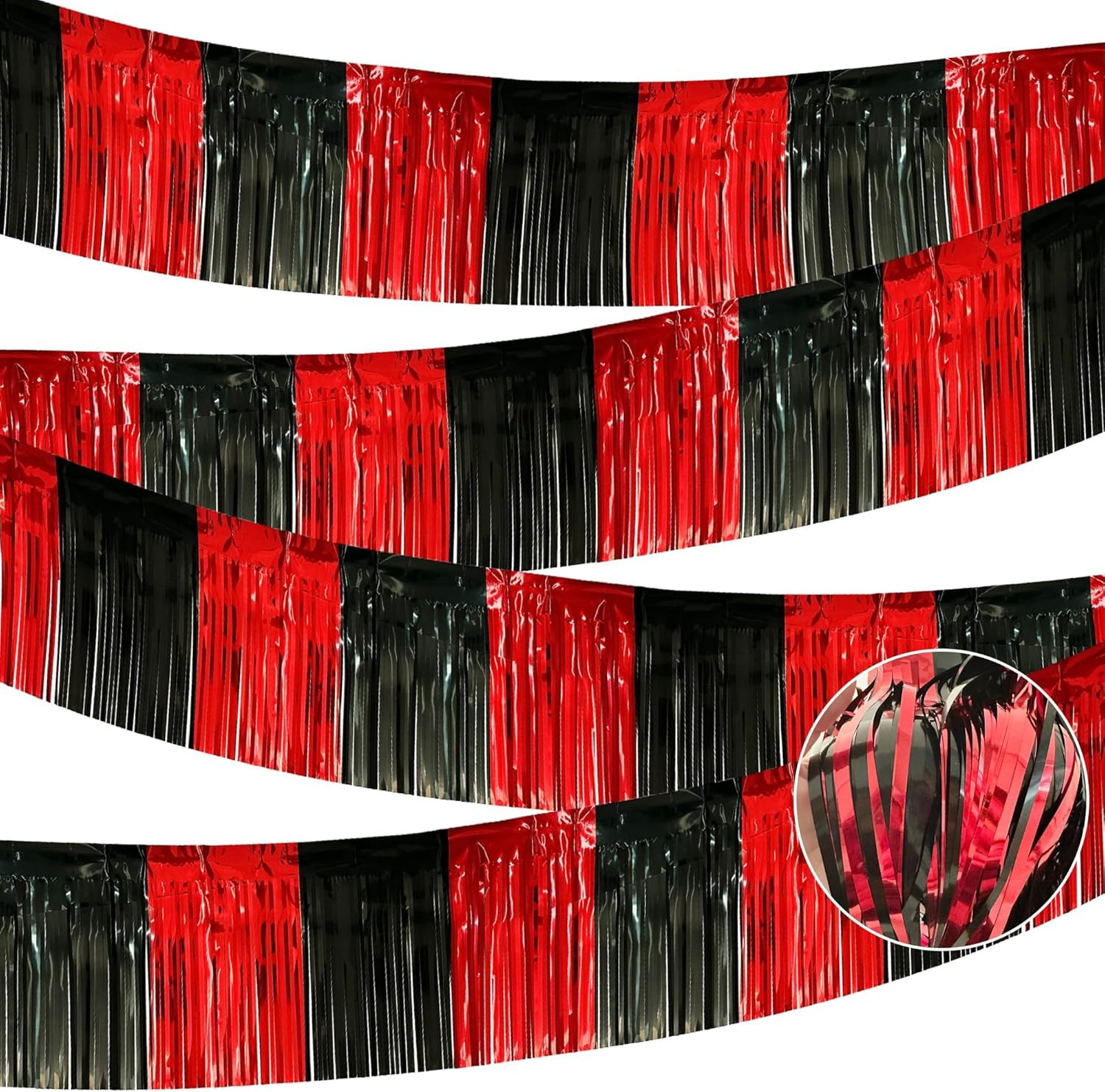 4 Pack 10 Feet Black Red Parade Floats Foil Fringe Garland Metallic Tinsel Strea