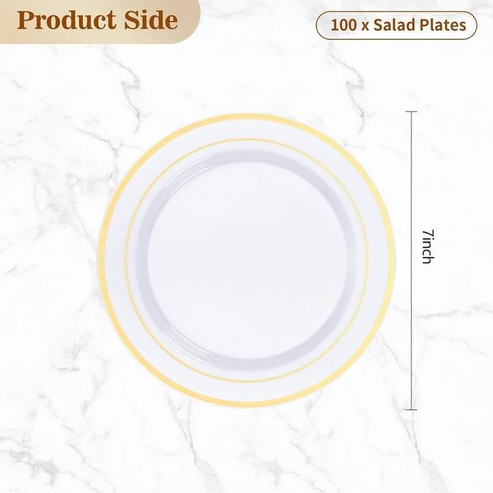 100PCS Gold Plastic Plate, 7 Inch Disposable Dessert Plate Party with Gold Ri…