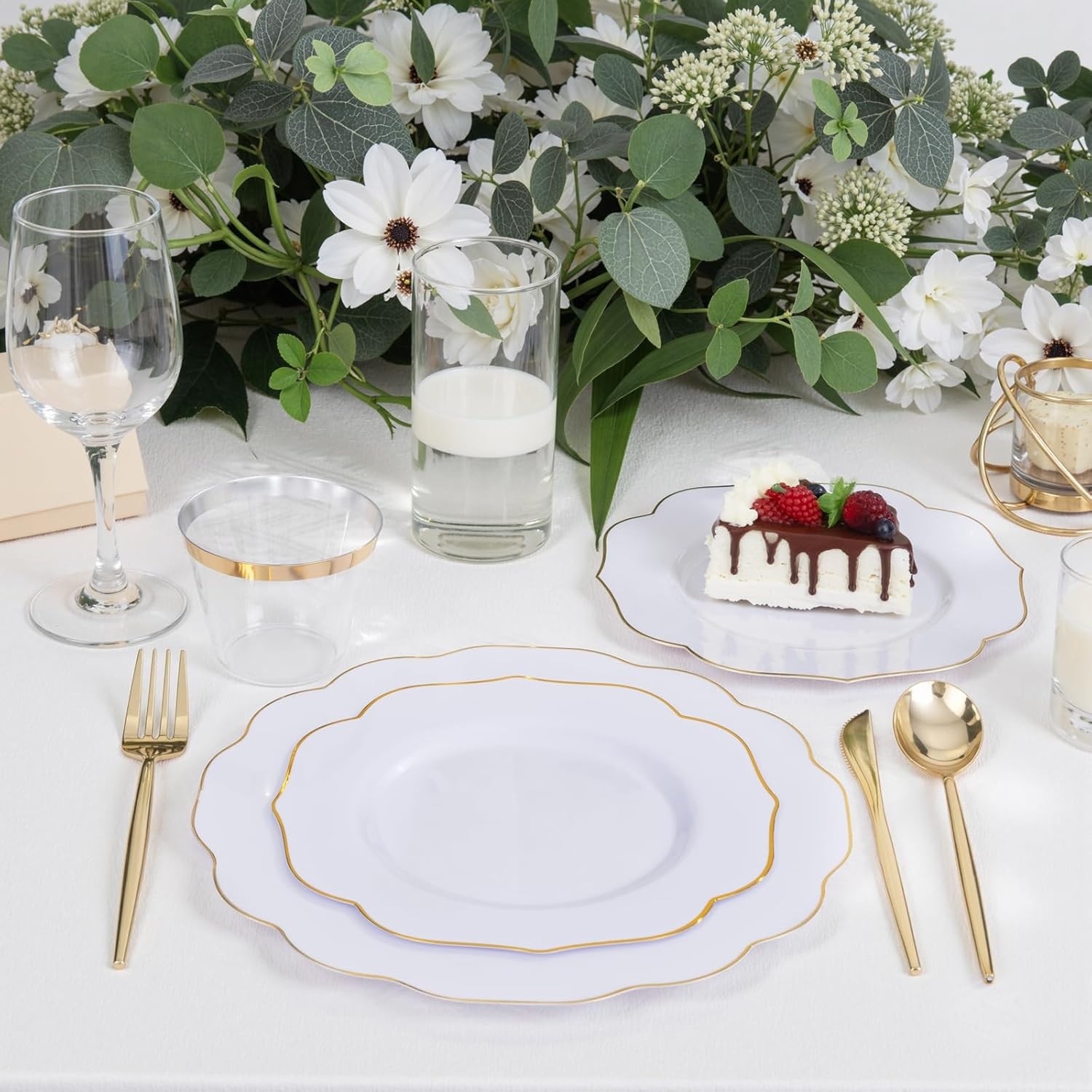 180PCS White and Gold Plastic Plates Disposable – White with