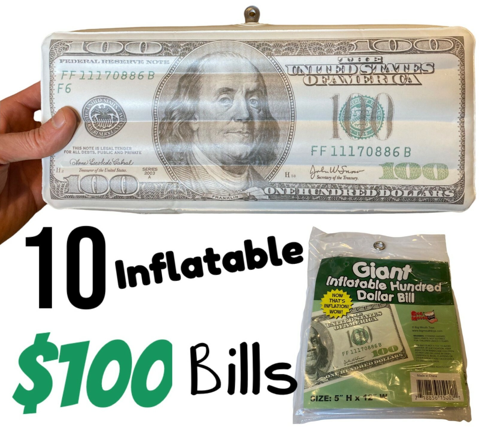 10 Giant Party Inflatable $100 Hundred Dollar Money Bills – Gag Joke Fun Toys