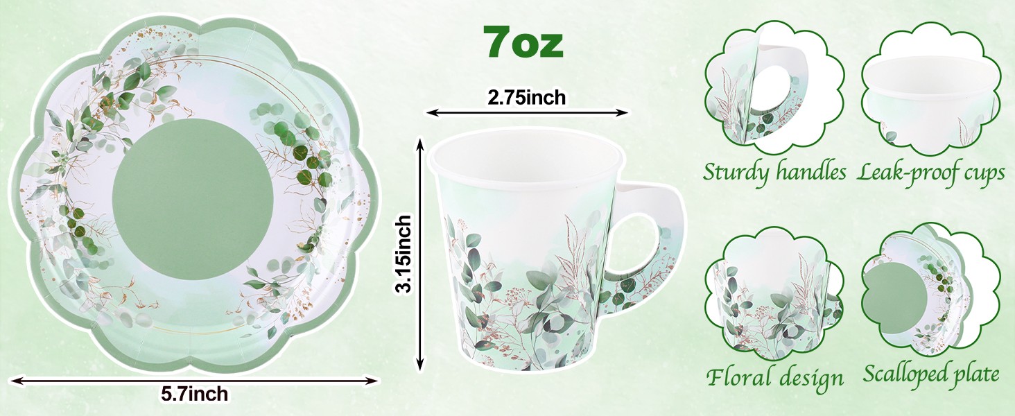 24 Sets Eucalyptus Leaf Tea Party Cups, 7 OZ Disposable Paper Tea Cups with