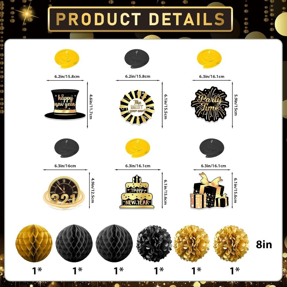 Happy New Year Banner: New Years Decorations Gold Black Paper Flag Bunting Swirl