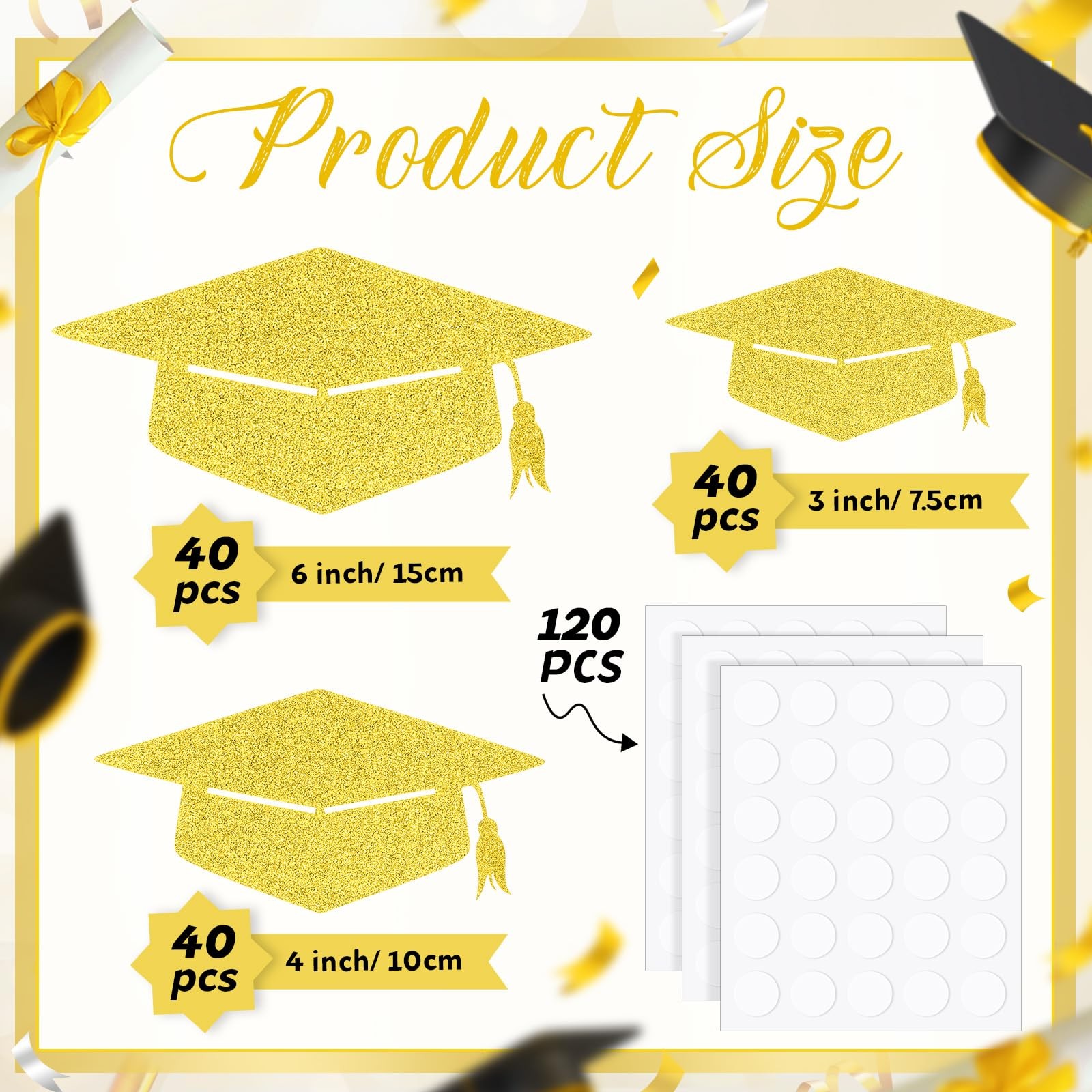 120 PCS Gold Glitter Grad Caps Cutouts Glue Points Class Of 2025 Tags