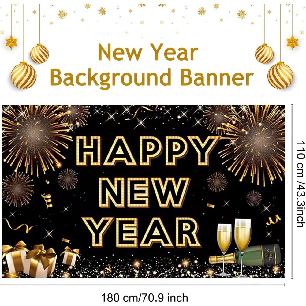 Happy New Year Banner for 2026 Party Decoration, Blackgold New Year Eve Banner