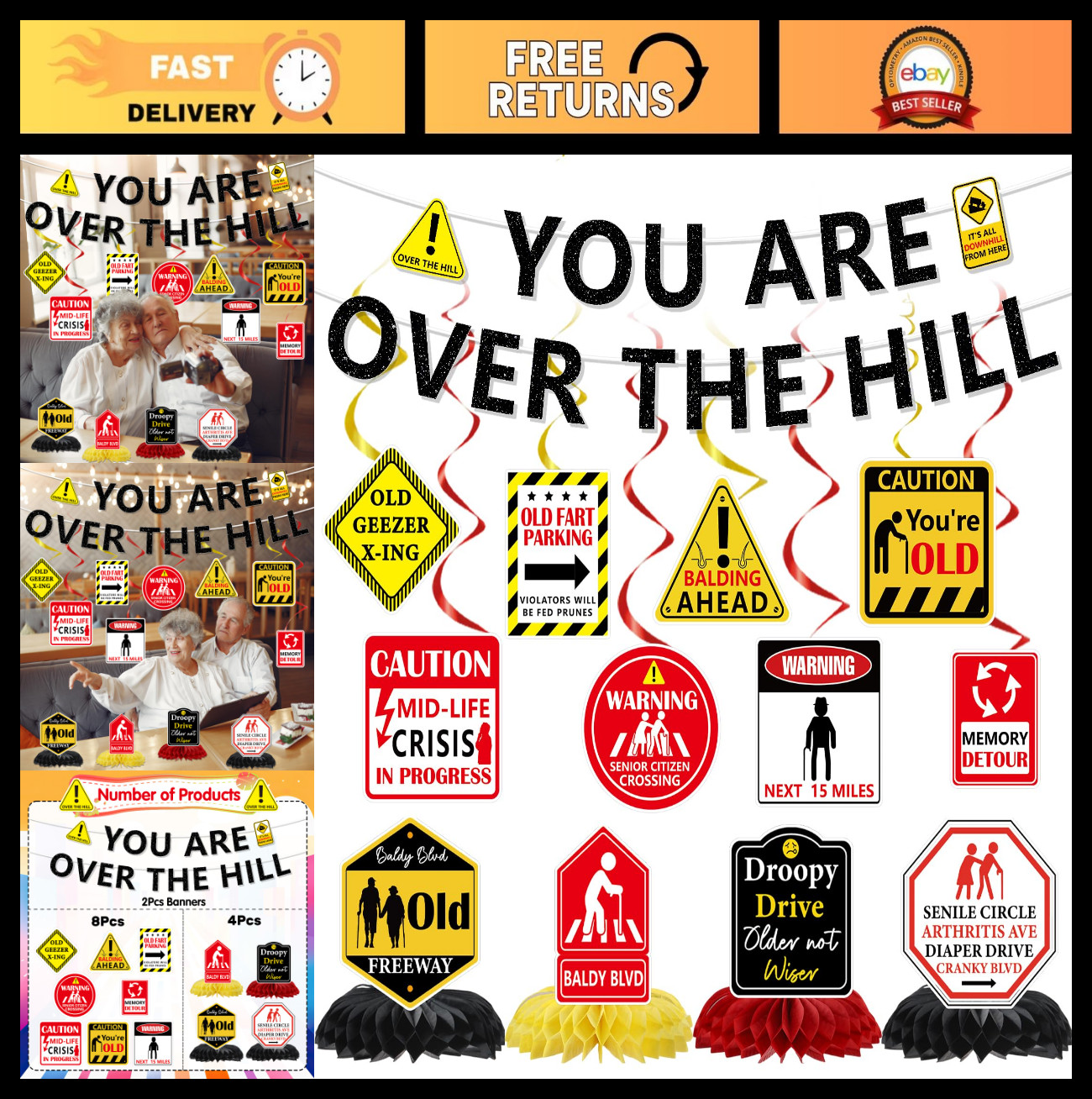 Over The Hill Birthday Decorations Set – 14 Pcs Banners & Swirls for 50th Party