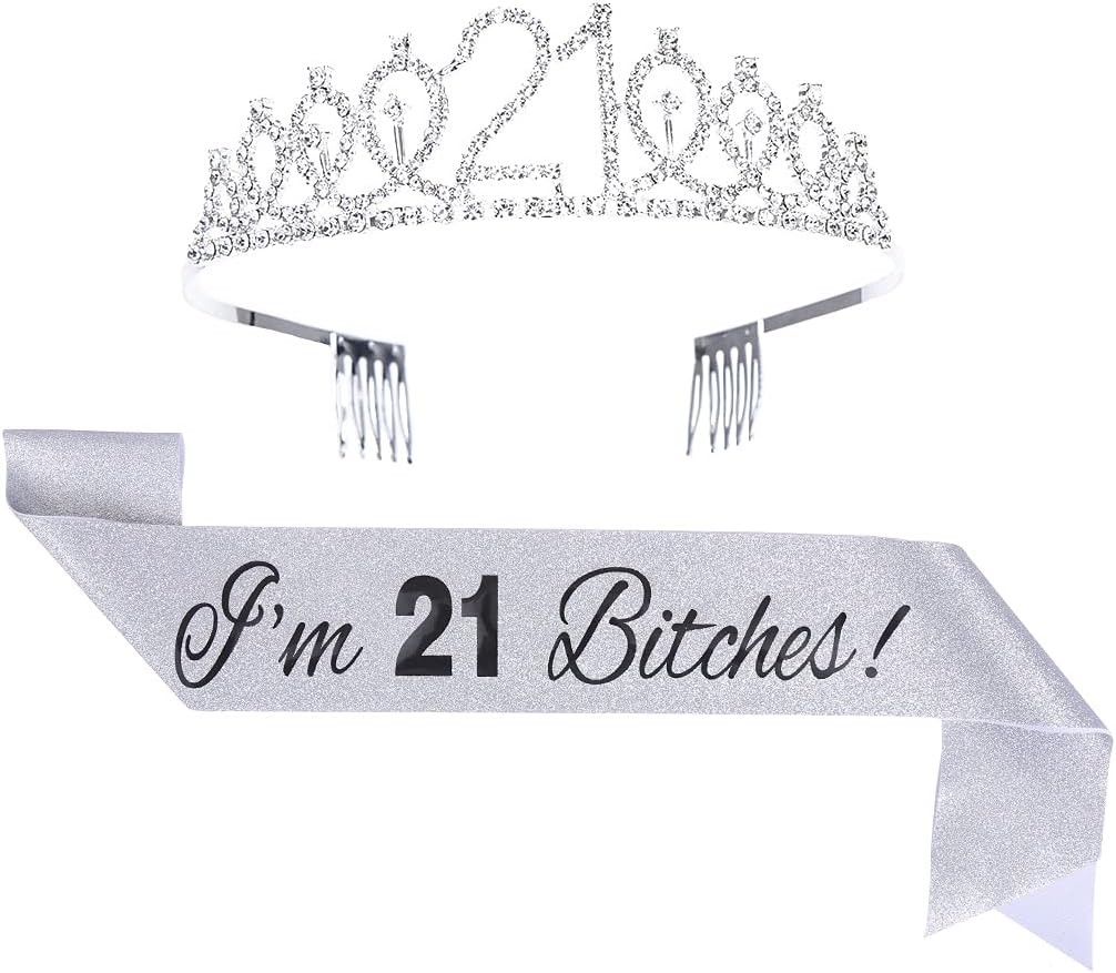 21st Birthday Tiara & Sash Set – I’m 21 Bitches Silver Crown & Birthday