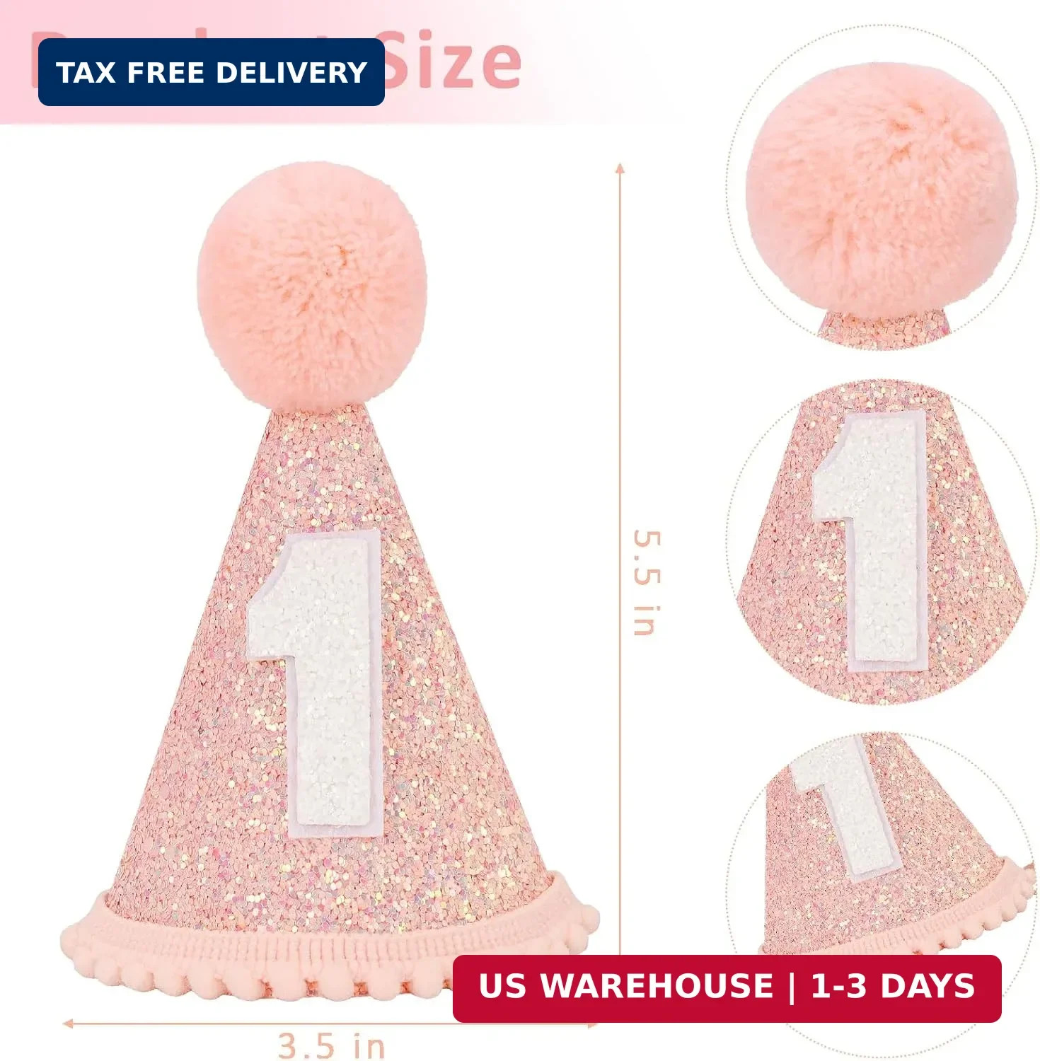 1st Birthday Cone Hat, Girls’ and Boys’ Party Headwear, Glitter Decorations for