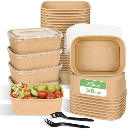 50 Pack Disposable Meal Prep Containers, 25oz Disposable Large Paper Bowls with