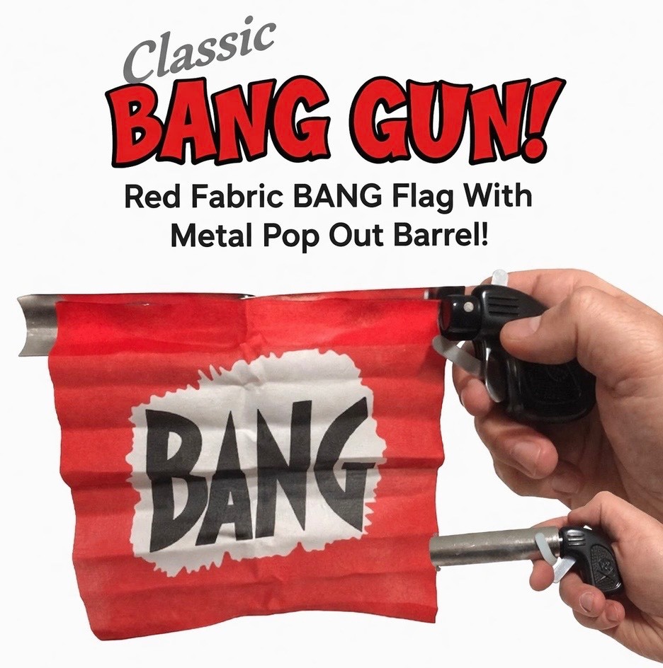 1 BANG GUN RED FLAG Clown Comedy Gag Toy Joke Stage Prop Joker Fake Metal Pistol