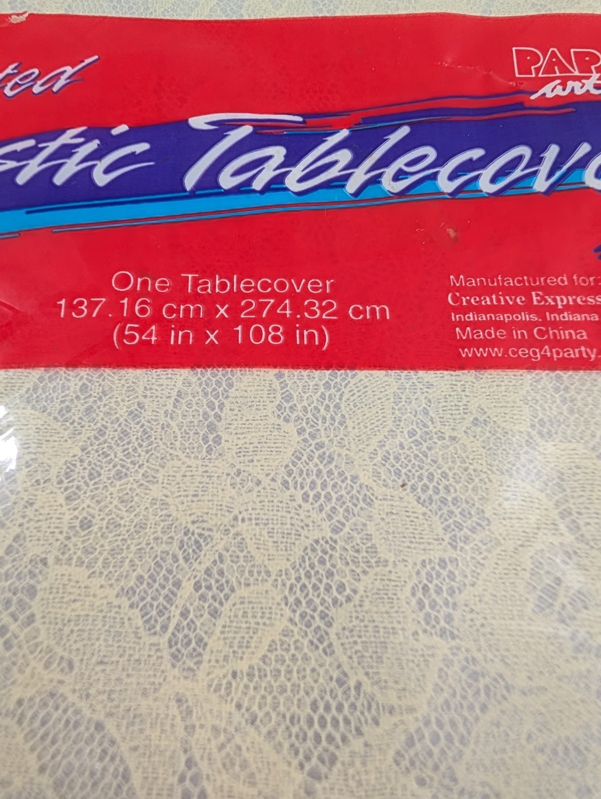 Creative Expression Paper Art Printed Lace Plastic Tablecover 54″x108″ NIP Cream