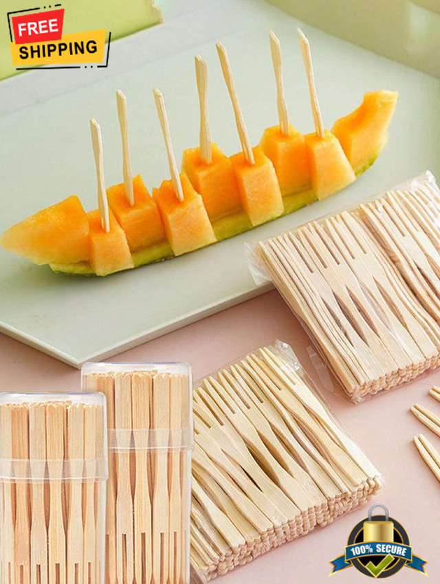 100pcs Bamboo Disposable Fruit Forks Cocktail Picks for Parties & Events