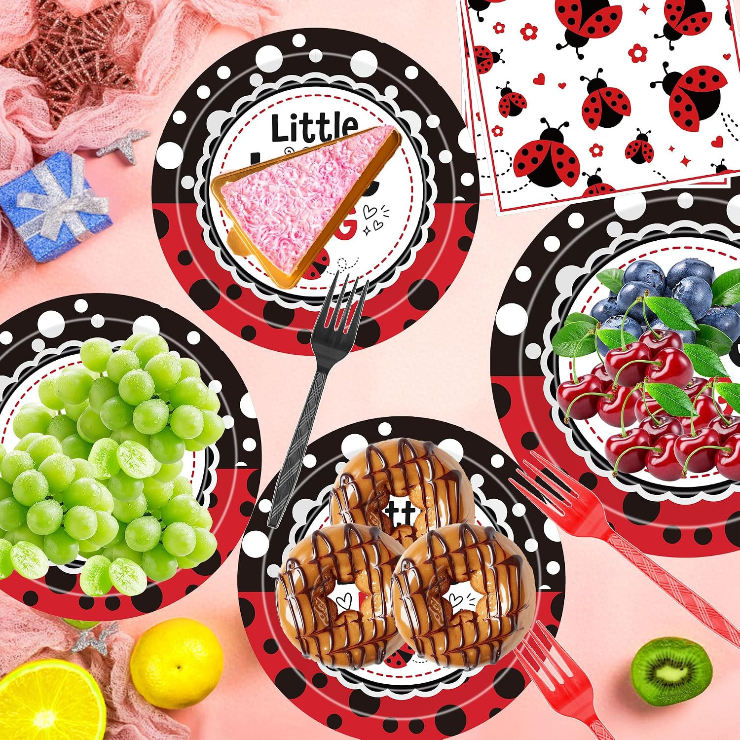 96 Pcs Love Bug Baby Shower Decorations, Lady Bug Tableware Set | Includes Paper
