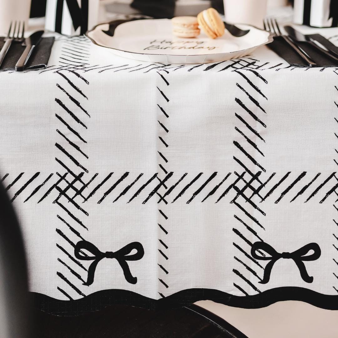 Cream & Black Bow Disposable Tablecloth – Elegant Coquette Style Table Cover 180
