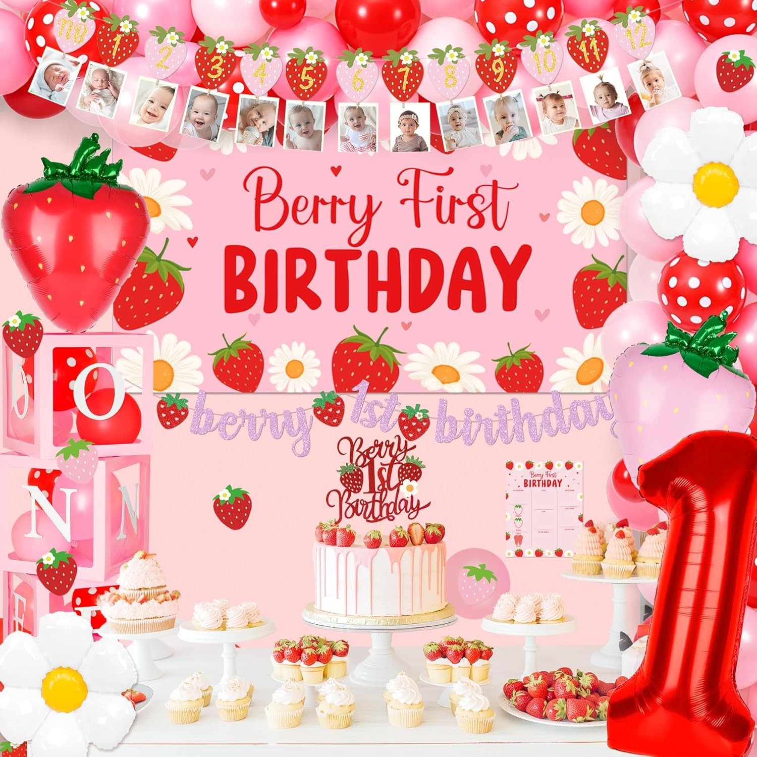 Berry 1st Birthday Decor Set: Strawberry Theme with Balloon Arch & Backdrop