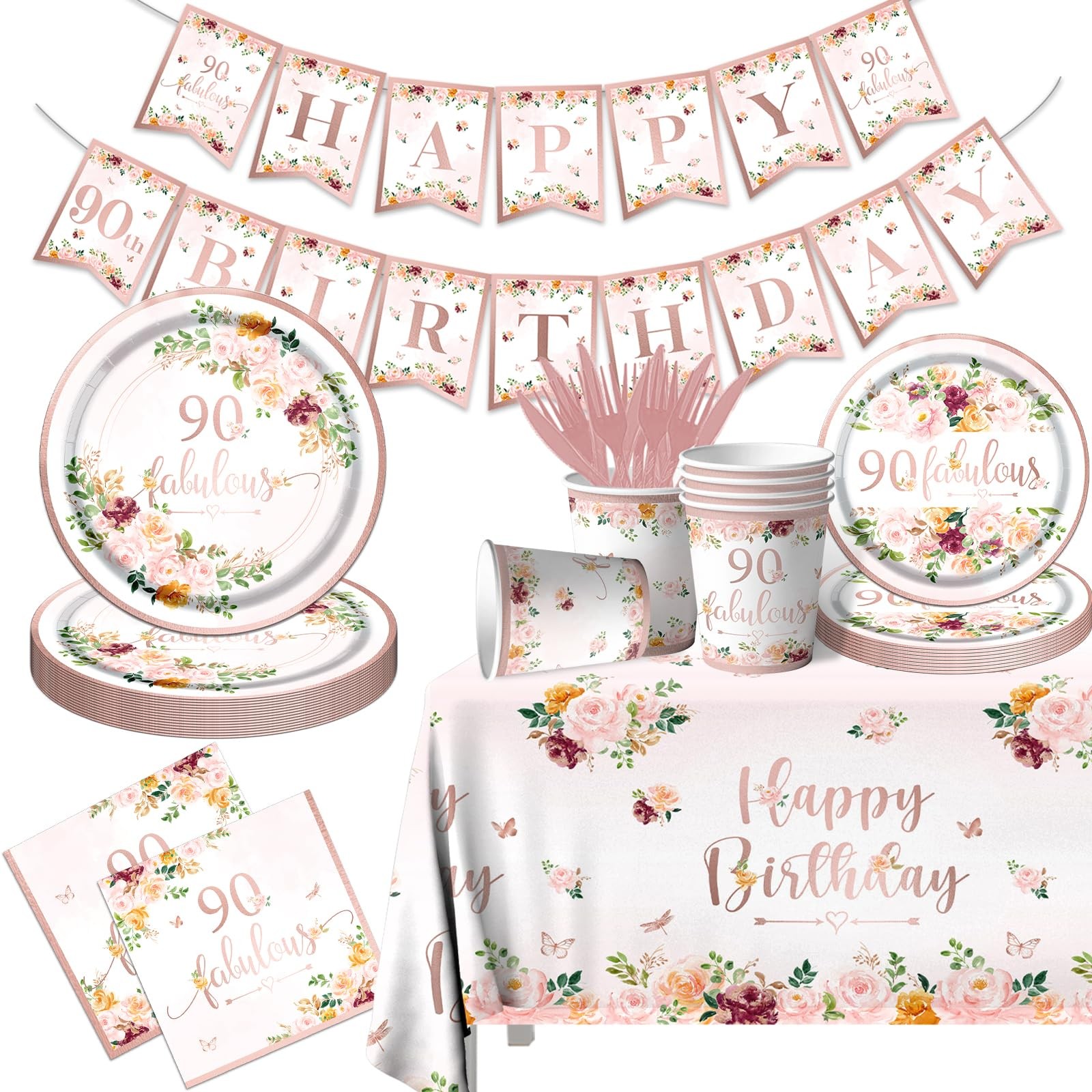 90th Birthday Party Supplies – Rose Gold Party Decorations 90th Birthday Tabl.