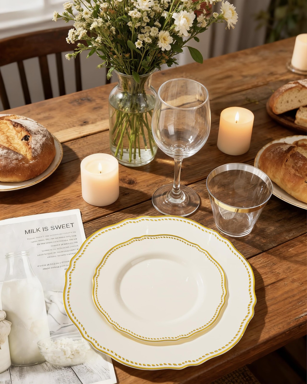 60PCS Ivory Plastic Plates Ivory and Gold Disposable Dinnerware with Gold Ri…