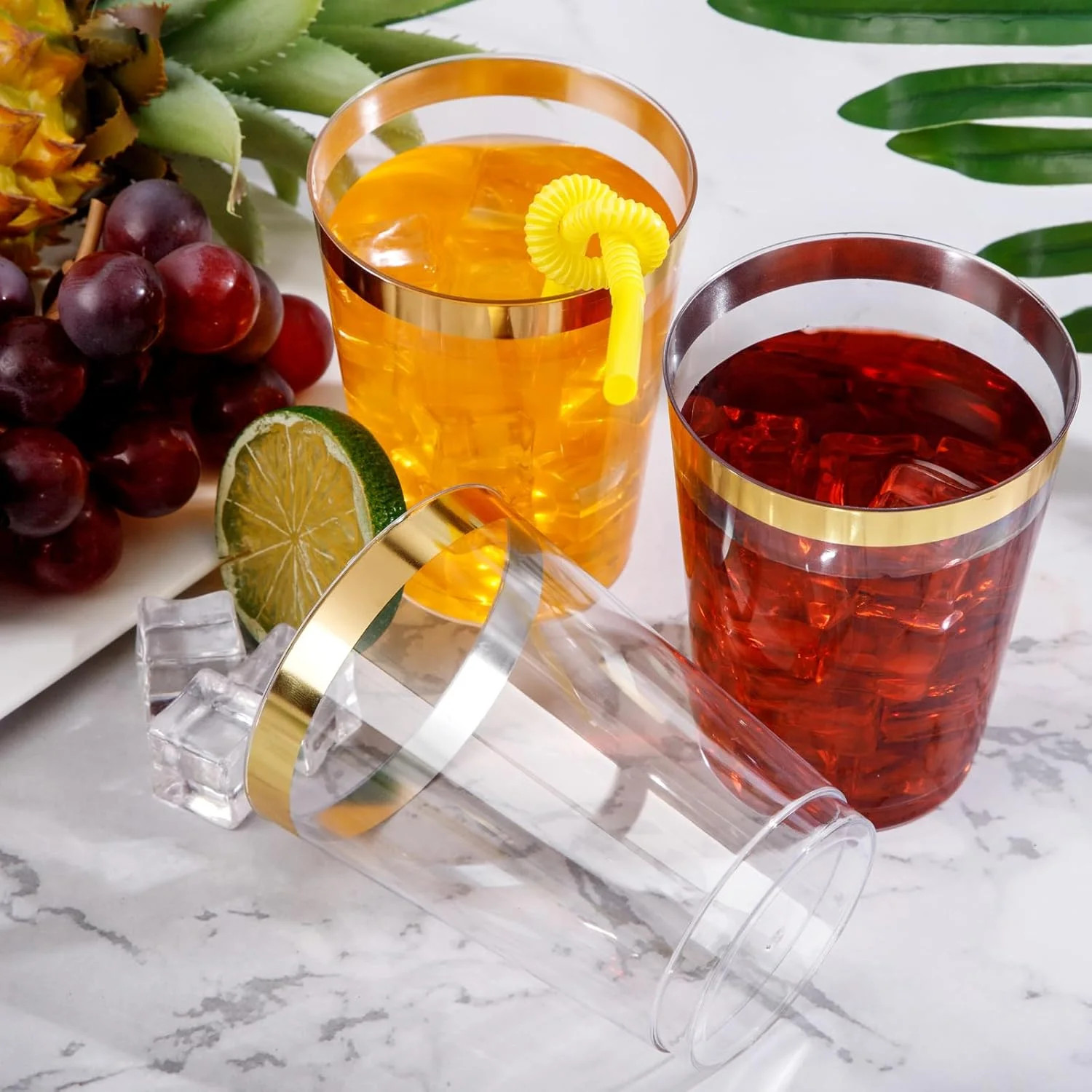 DaYammi 200 Pack Gold Plastic Cups 10 Oz Clear Cup Gold Rimmed Disposable Wine G