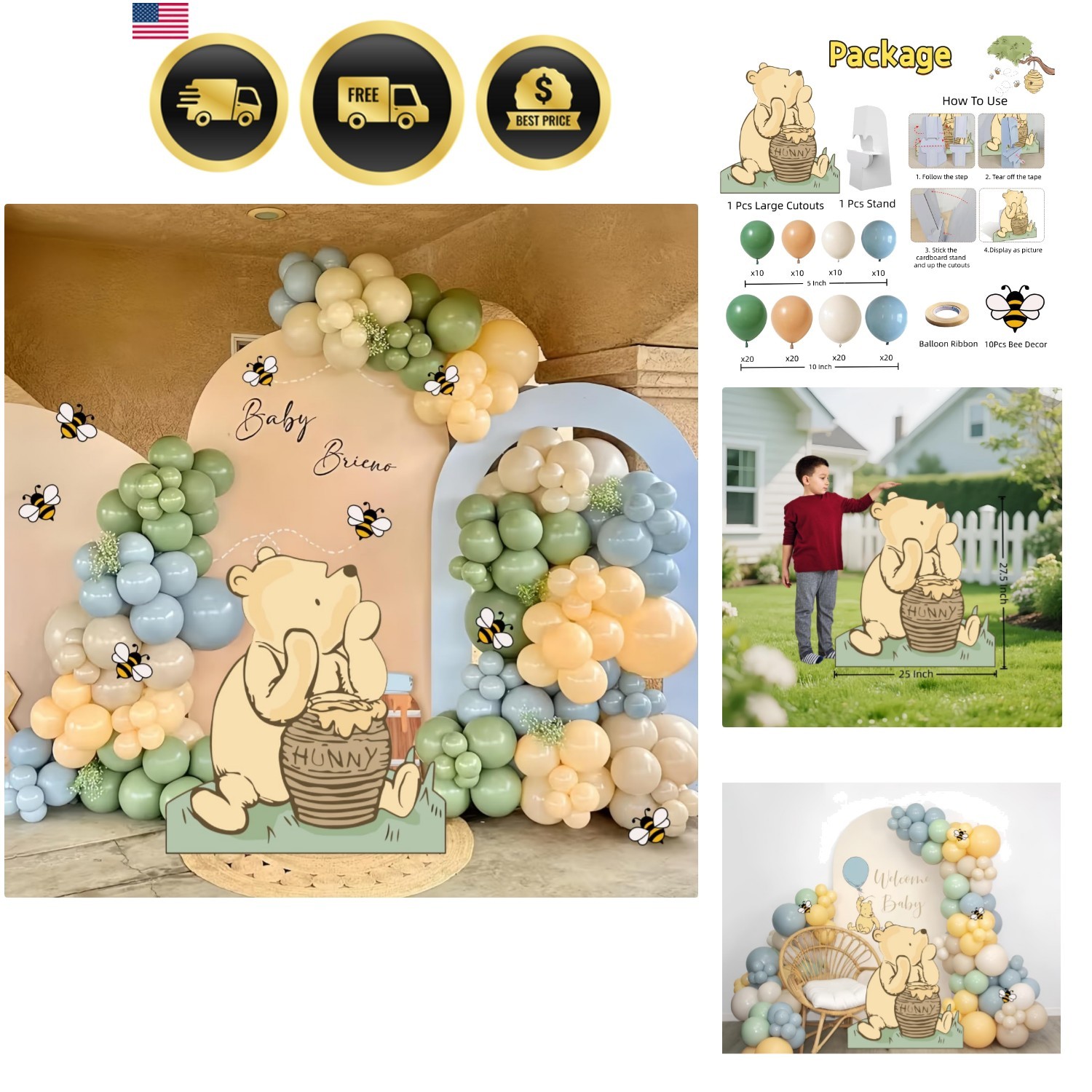 Winnie Baby Shower Birthday Decorations Large Coroplast Cutout Balloons Bee S…