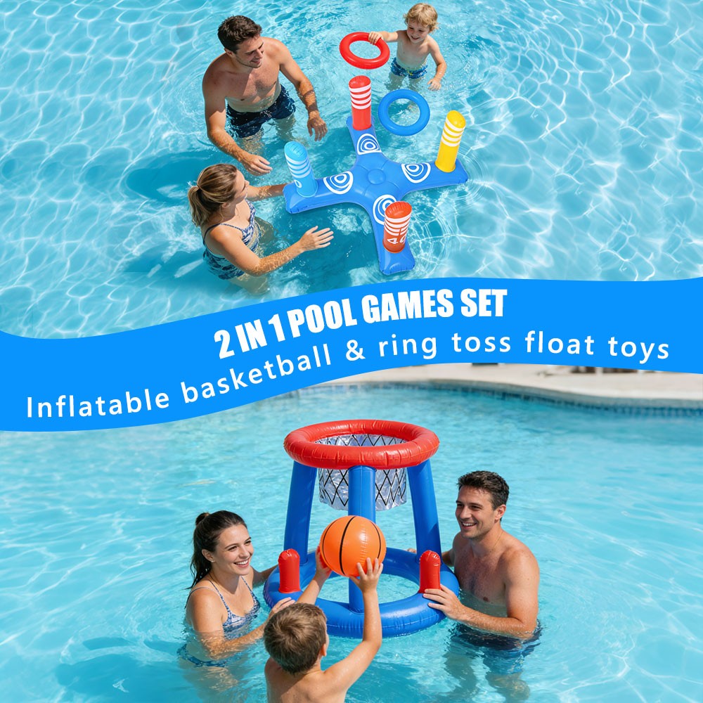 2-in-1 Pool Toys Games Teens Adult Inflatable Basketball Hoop Ring Toss Game Set