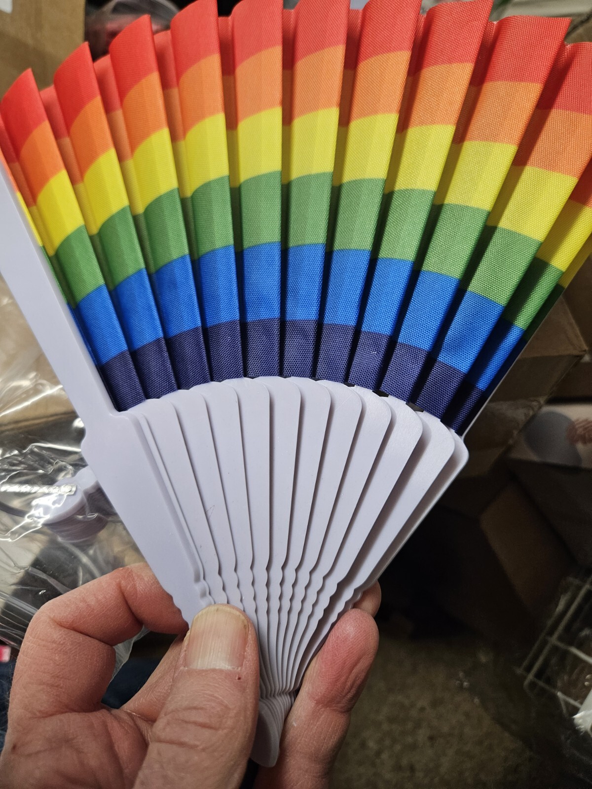 12 Pk Folding Hand Fans Rainbow White Plastic Handle Party Festivals