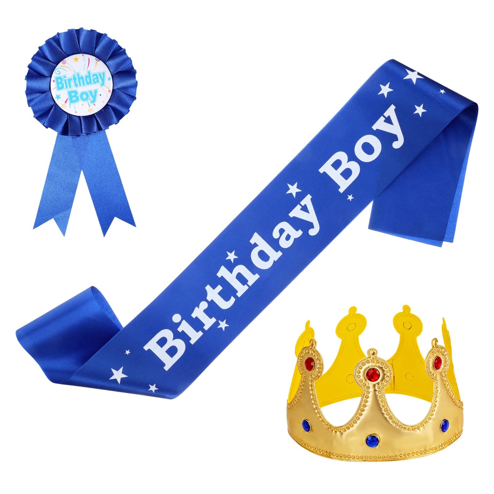 Aysatogc Birthday Crown Party Set, Boy Sash Hat Standard, Blue