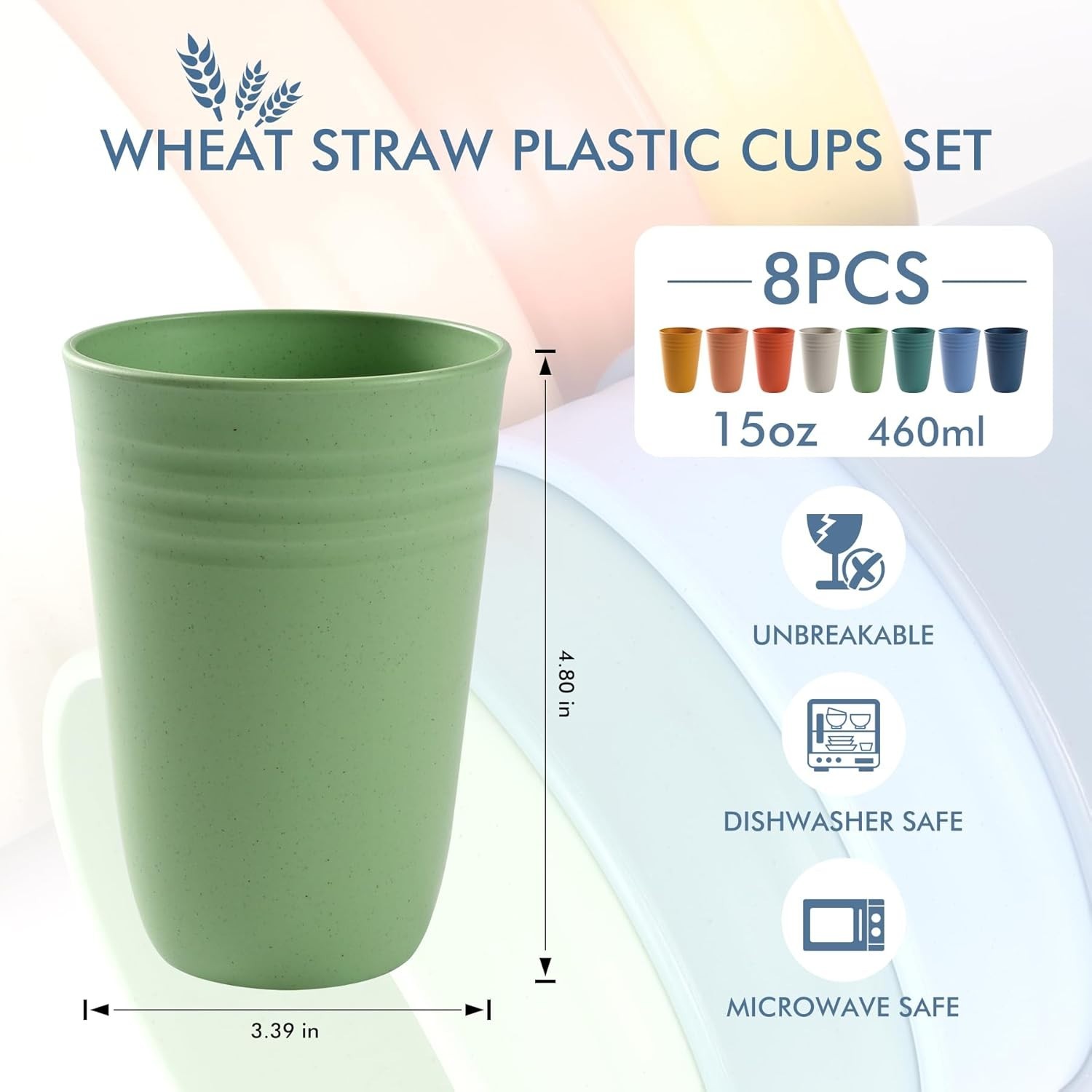 Plastic Cups BPA Free Reusable Drinking Cups 15oz Multicolor 8 Pack