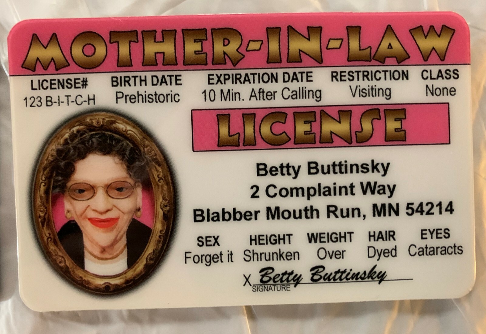 Mother In Law License Joke novelty ID Card Inlaw Blabber Mouth