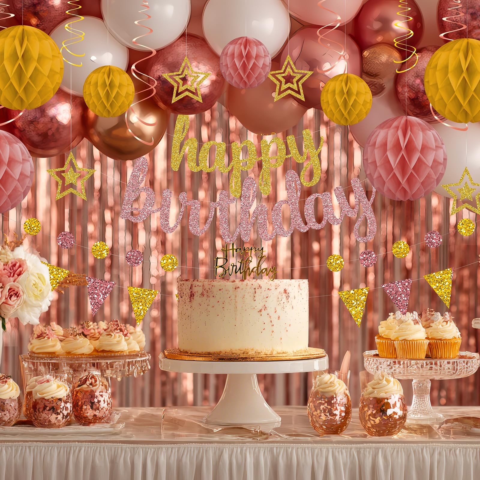 Rose Gold and Gold Birthday Party Decorations Set – Happy Birthday Banner Bal…