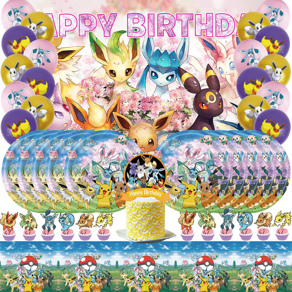 Eevee Happy Birthday Party Supplies Plates Balloon Cake Toppers Banner 5x3ft
