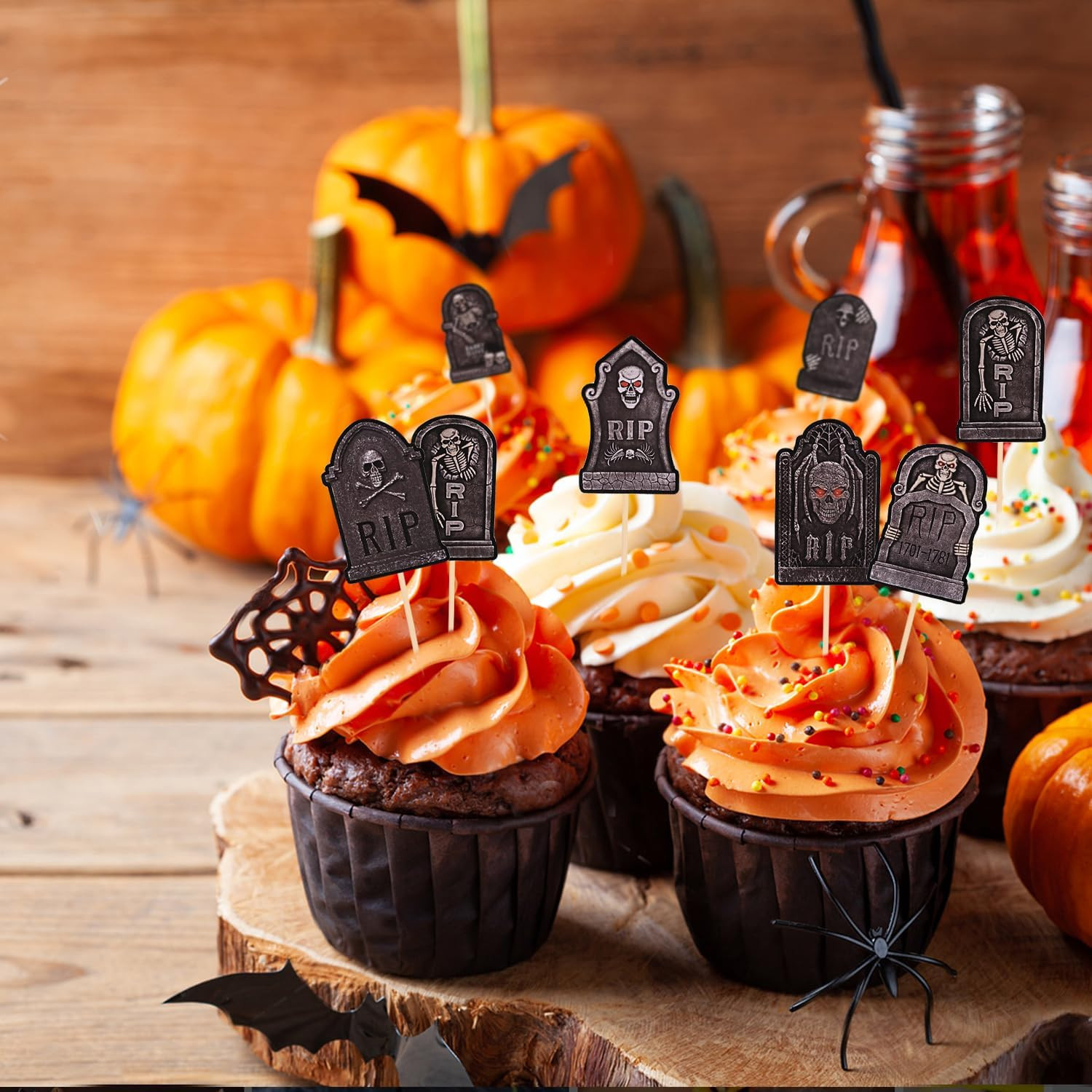 40 Pcs Halloween Cupcake Toppers, Tombstone Graveyard Cake Toppers Scary Cupcake