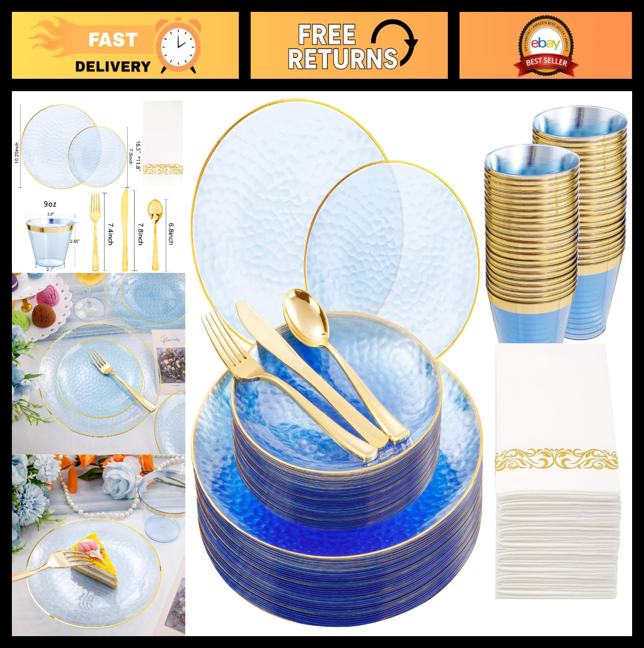 175 Pcs Blue Disposable Dinnerware Set for 25 Guests, Gold Rim Plates, Cups & Cu