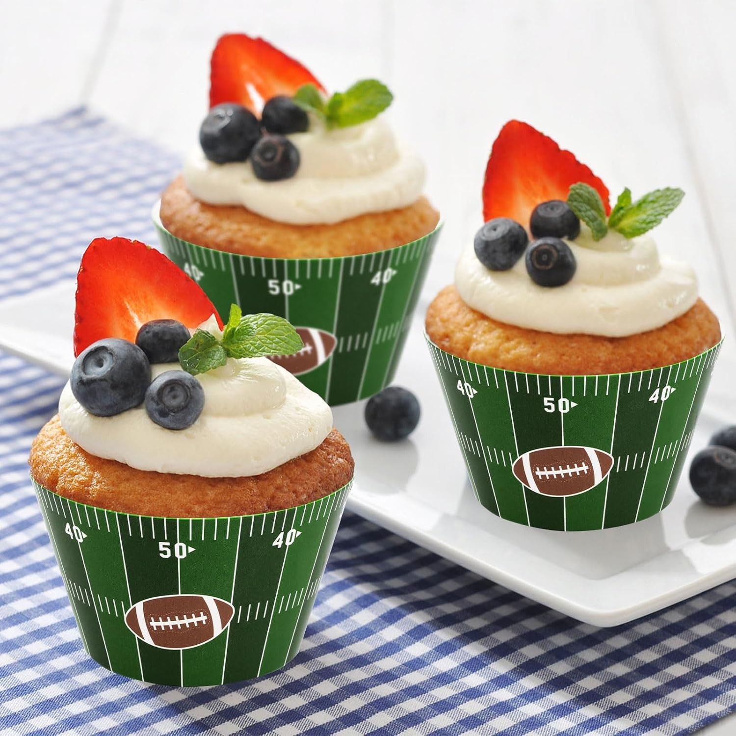 48 Pack Football Cupcake Toppers and Wrappers, Rugby Touchdown Cake Decoration f