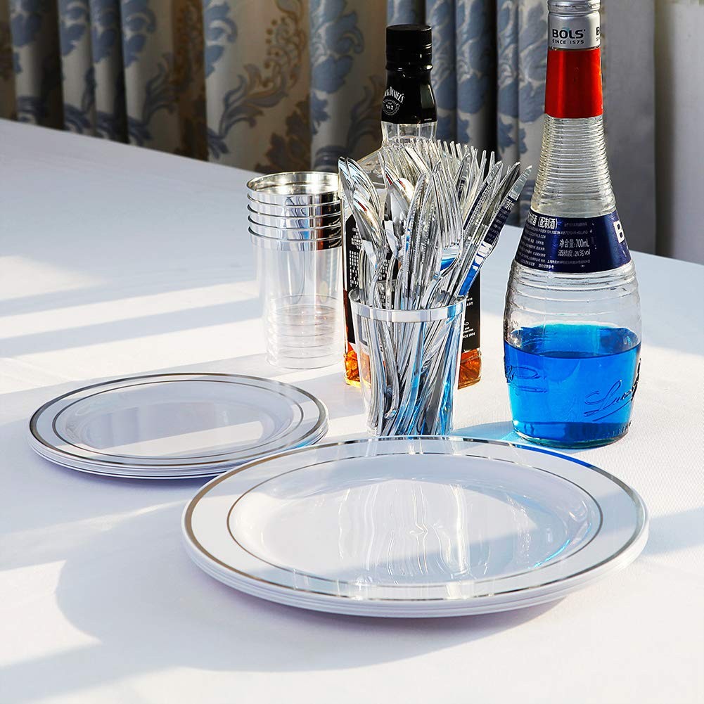 60pcs Silver Plastic Plates Disposable Plastic Party Plates With White Silver Ri
