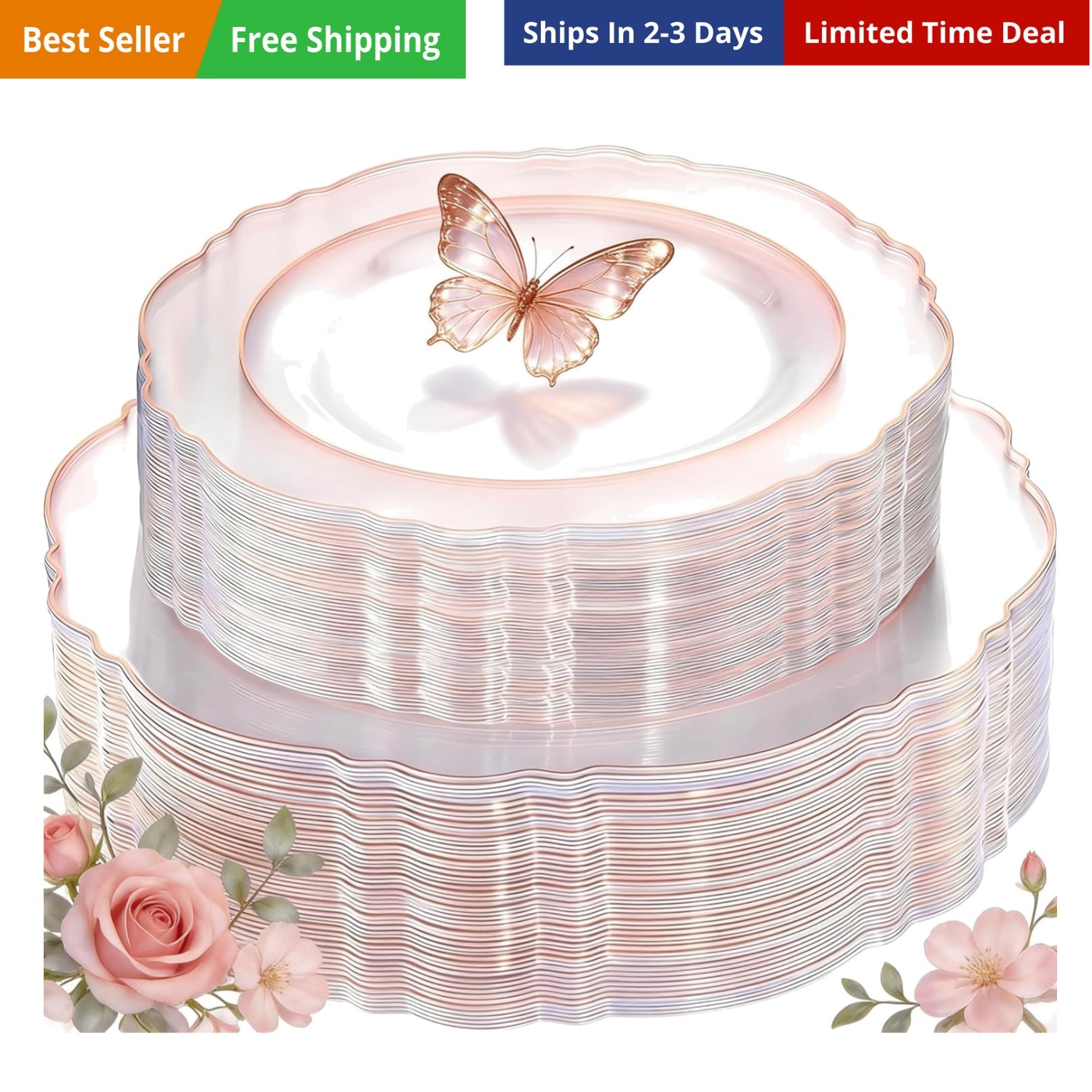 100pcs Rose Gold Plates Plastic Disposable – Baroque Clear and Rose Gold Plat…