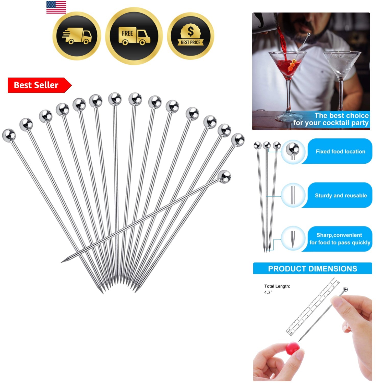 15PCS Cocktail Picks for Drinks, Stainless Steel Cocktail Toothpicks, Reusabl…
