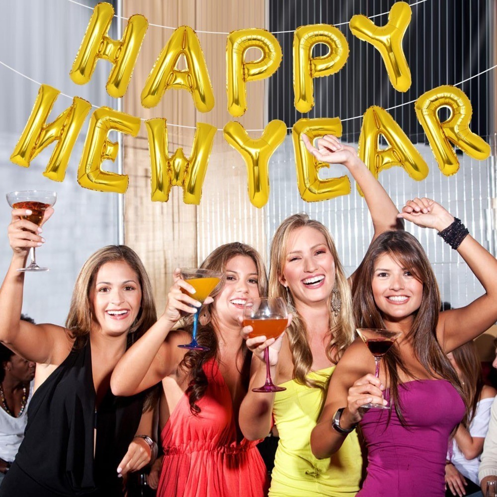 Gold Happy New Year Balloons, 16 Inch Gold Happy New Year Banner Decorations