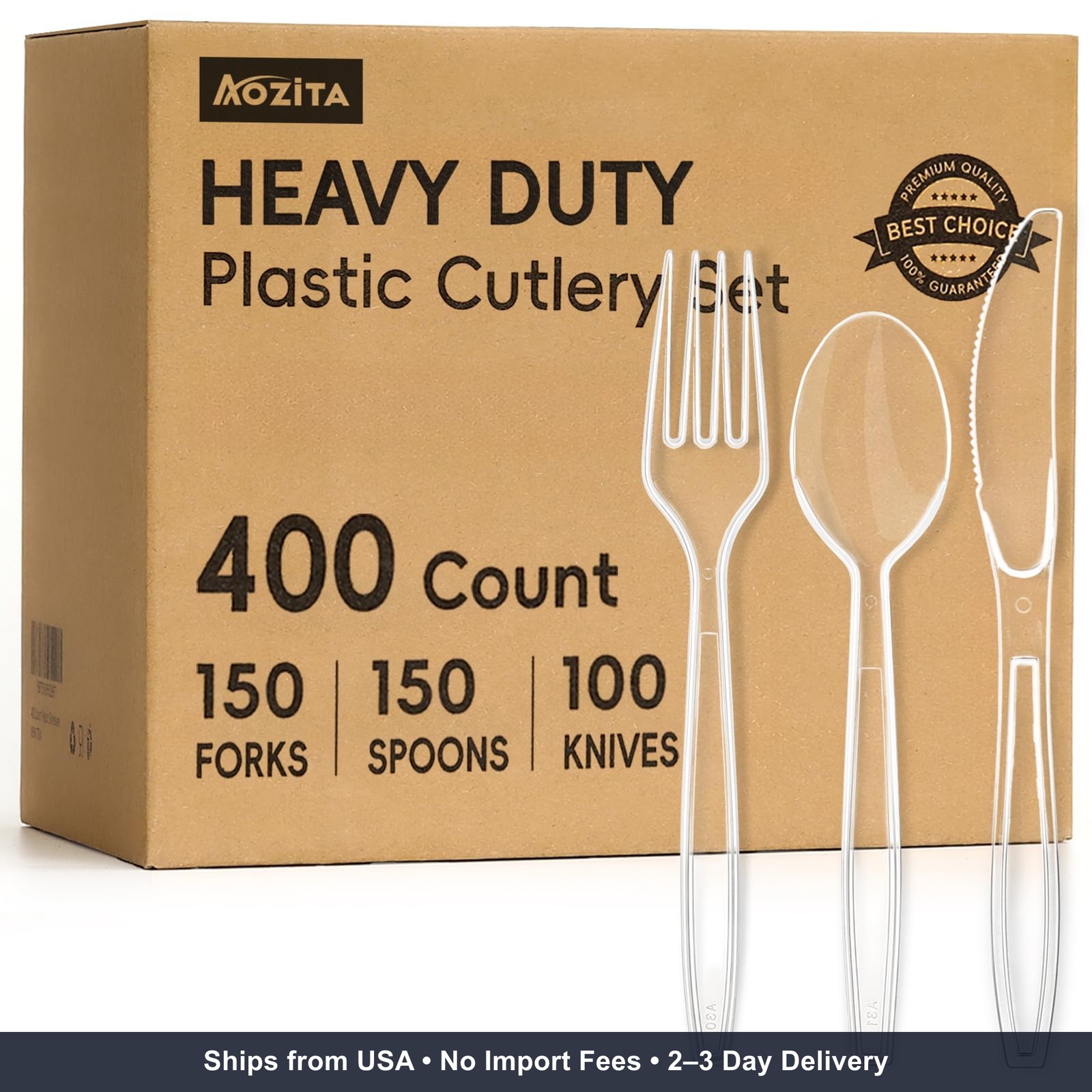 400 Count Heavy Duty Plastic Silverware, BPA-Free, Clear Plastic Cutlery Set, Pr