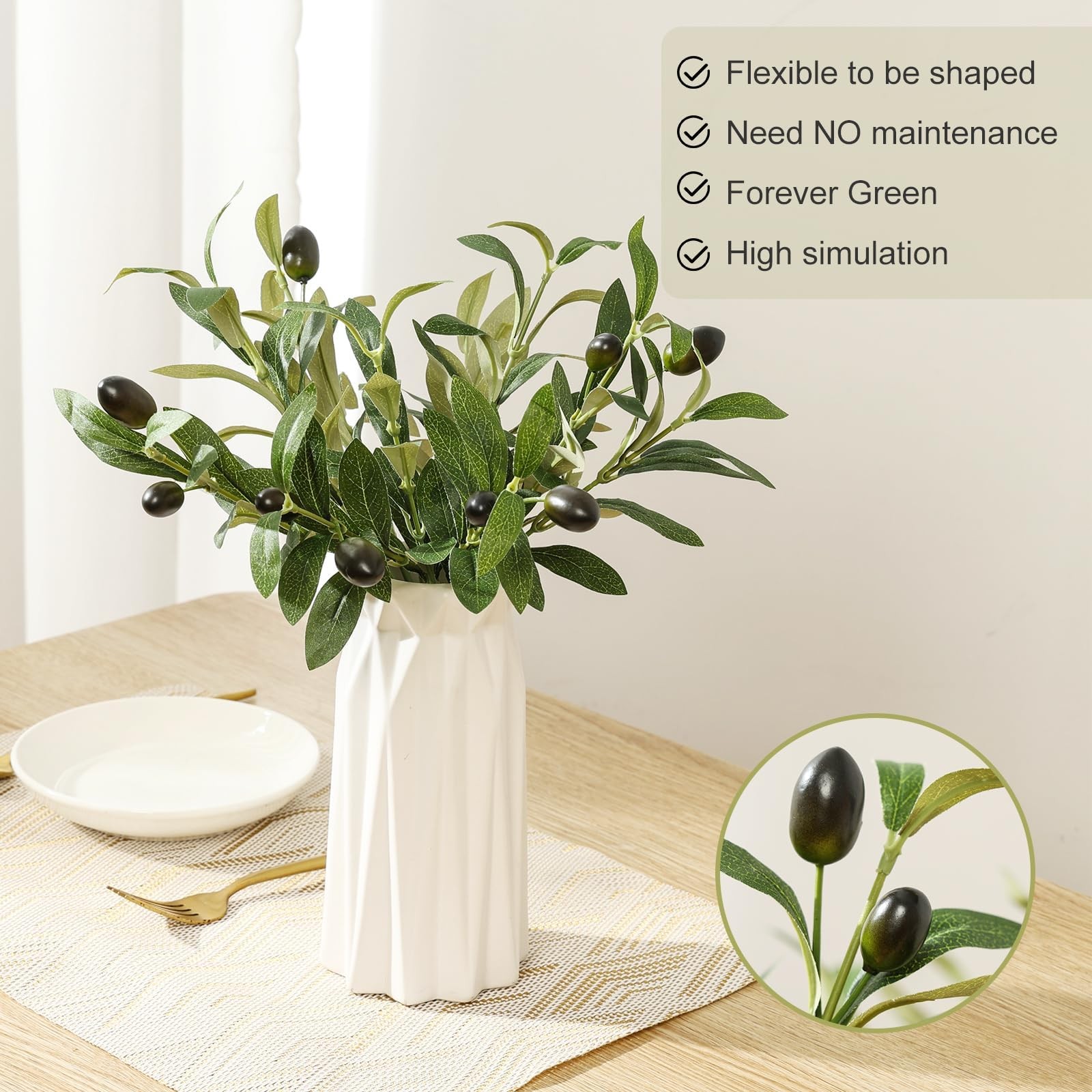 Erlandens 10pcs Faux Olive Leaves Stems 10” Tall Artificial 10in, Green
