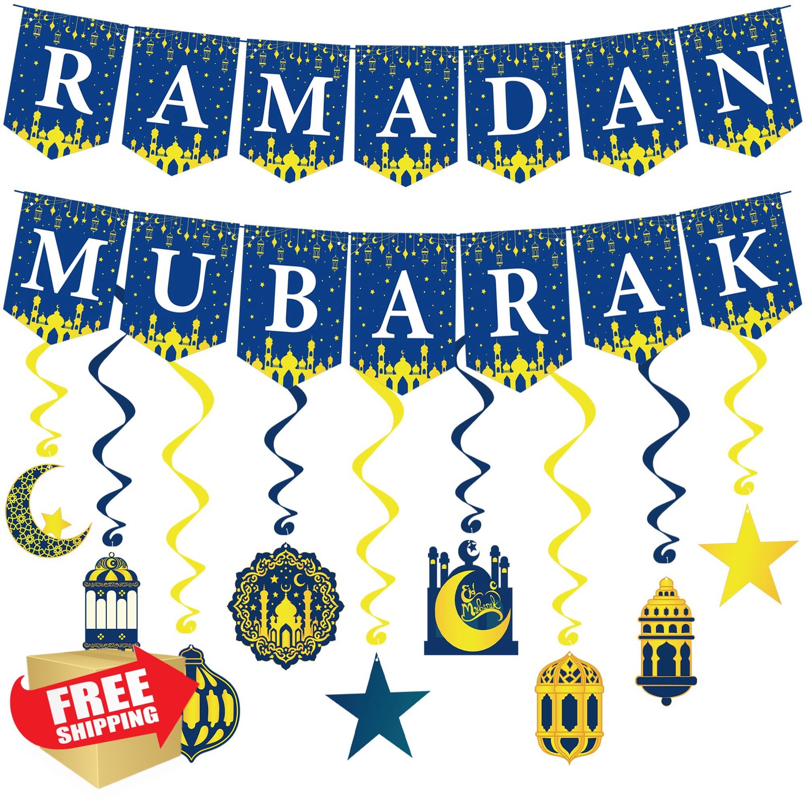 OHOME Ramadan Swirls Banner Blue Gold
