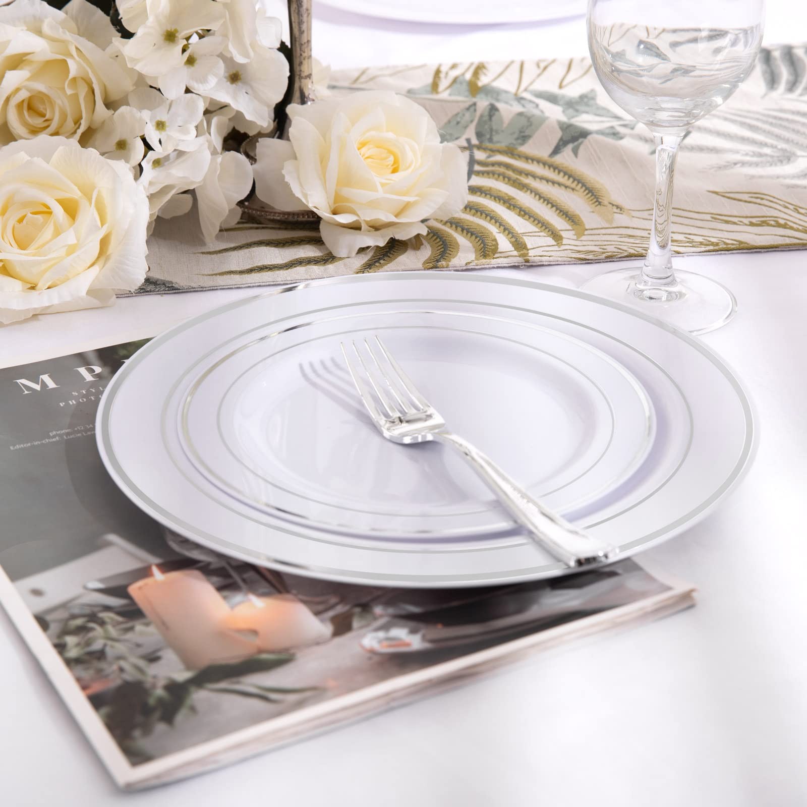 60pcs Silver Plastic Plates Disposable Plastic Party Plates With White Silver Ri