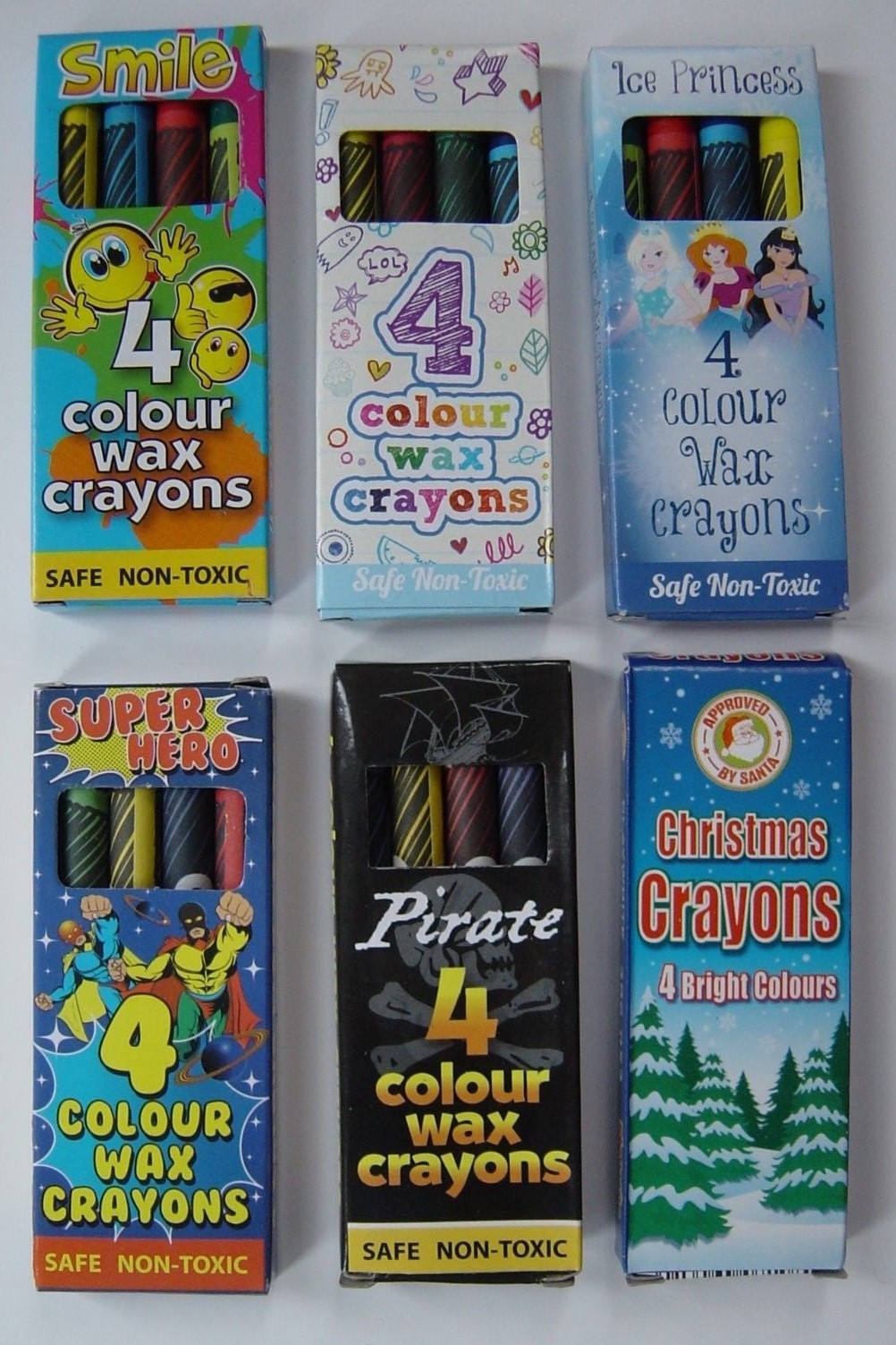 Mini colouring Wax Crayons, Pack 4 colours, Themed, Lucky Dip / Party Bag Toy,