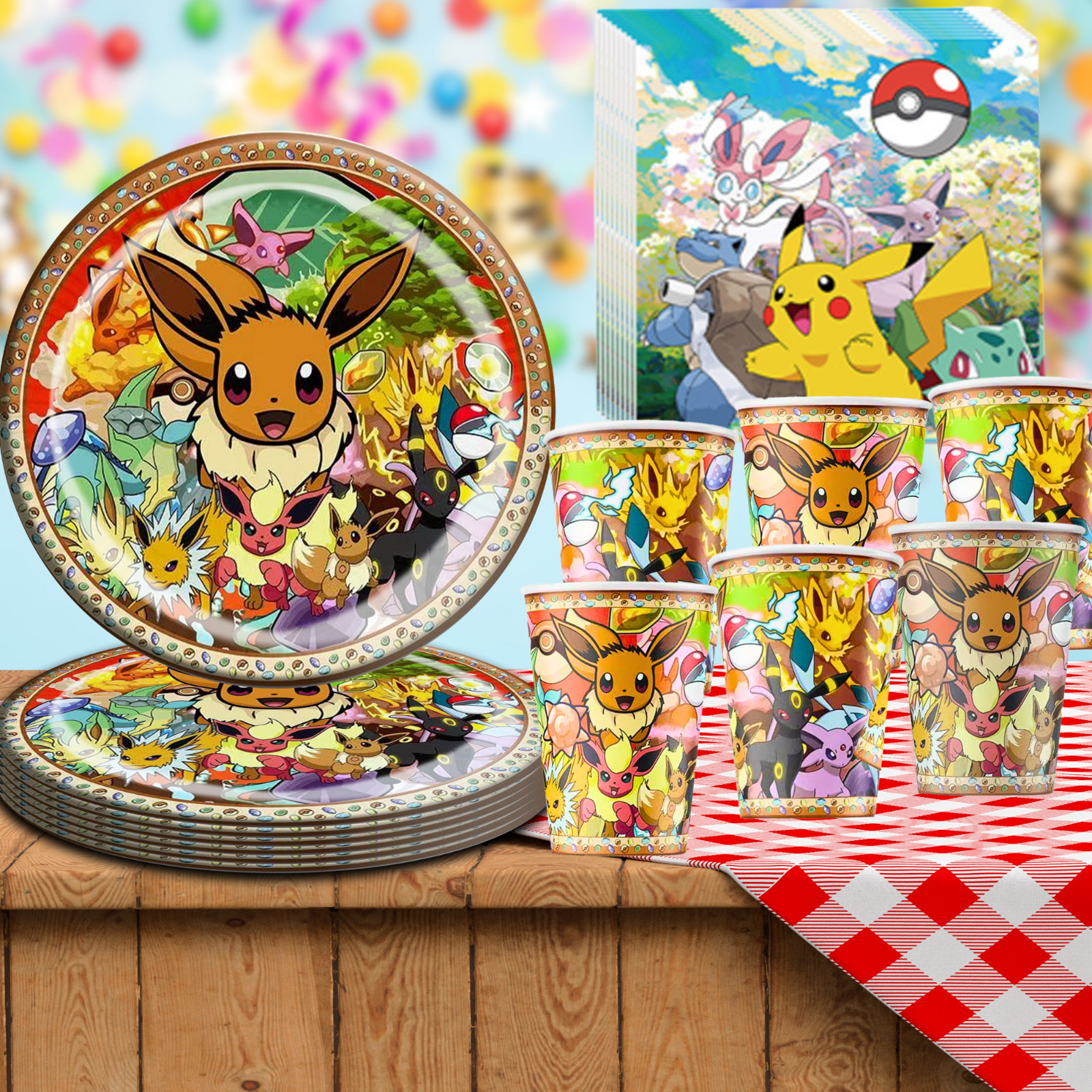 POKEMON EEVEE PARTY SUPPLIES BIRTHDAY DECORATION BALLOON TABLEWARE SWIRL