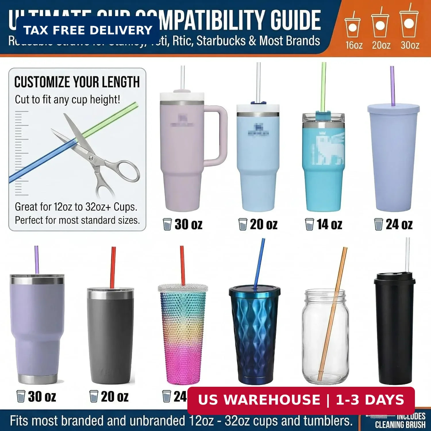 ALINK 10.5 in Long Reusable Plastic Straws with Brush, Tritan Hard Plastic Tumbl