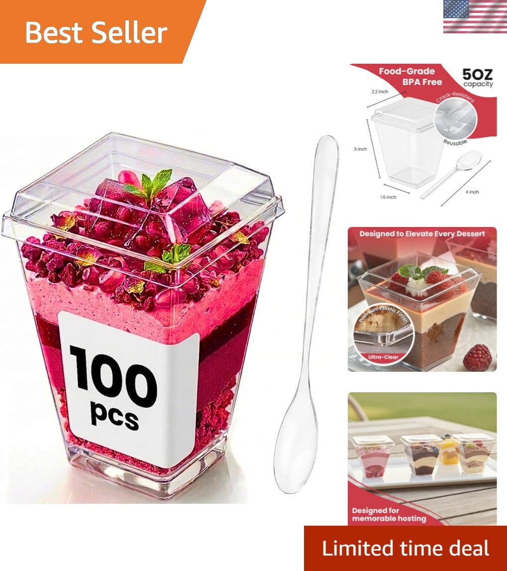 100 Pack 5 oz Disposable Plastic Dessert Cups with Lids and Spoons Clear Mini…